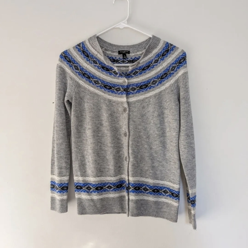 NWOT Talbots Light Gray Cardigan with Fair Isle Pattern